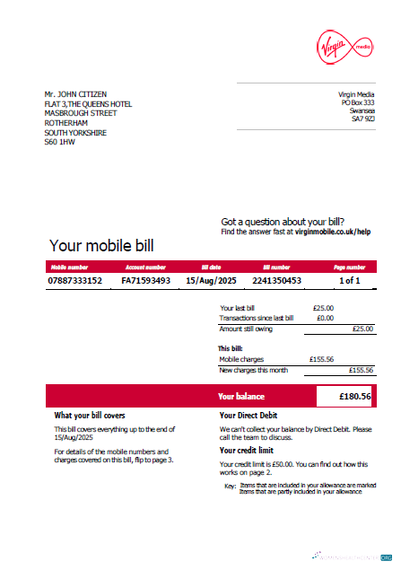 download USA Virgin Media utility bill template in Word and PDF formats, version 2 PDF template